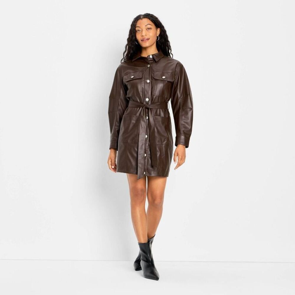 Women's Long Sleeve Faux Leather Mini Shirtdress - Future Collective Brown M